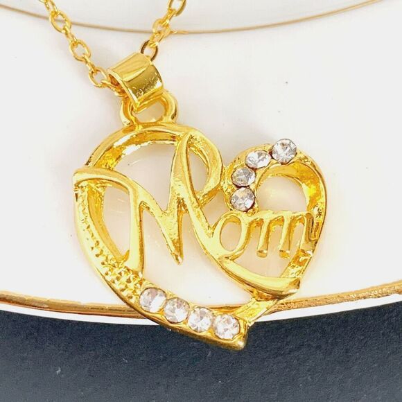 NEW Gold Heart Necklace MOM Rhinestones Birthday Mothers Day Christmas Gift - Picture 3 of 5